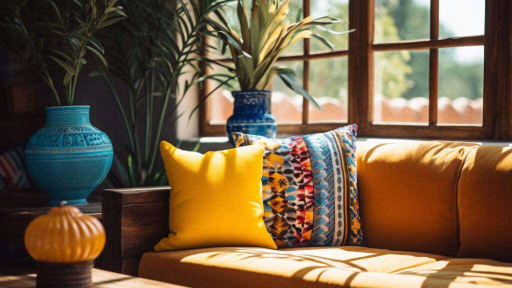 A yellow couch with blue pillows and a vase, showcasing the elegance of perfect home fabrics