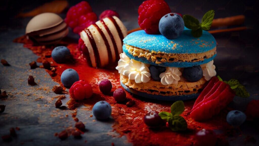 Blue macaroon with berries and chocolate, a delightful treat from the popular desserts category